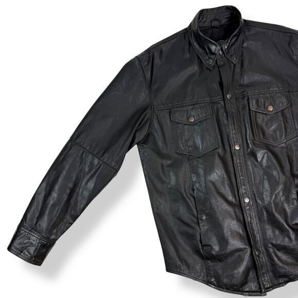 Vintage LEATHER KING Men's black genuine leather button down jacket shirt SMALL - Picture 13 of 15